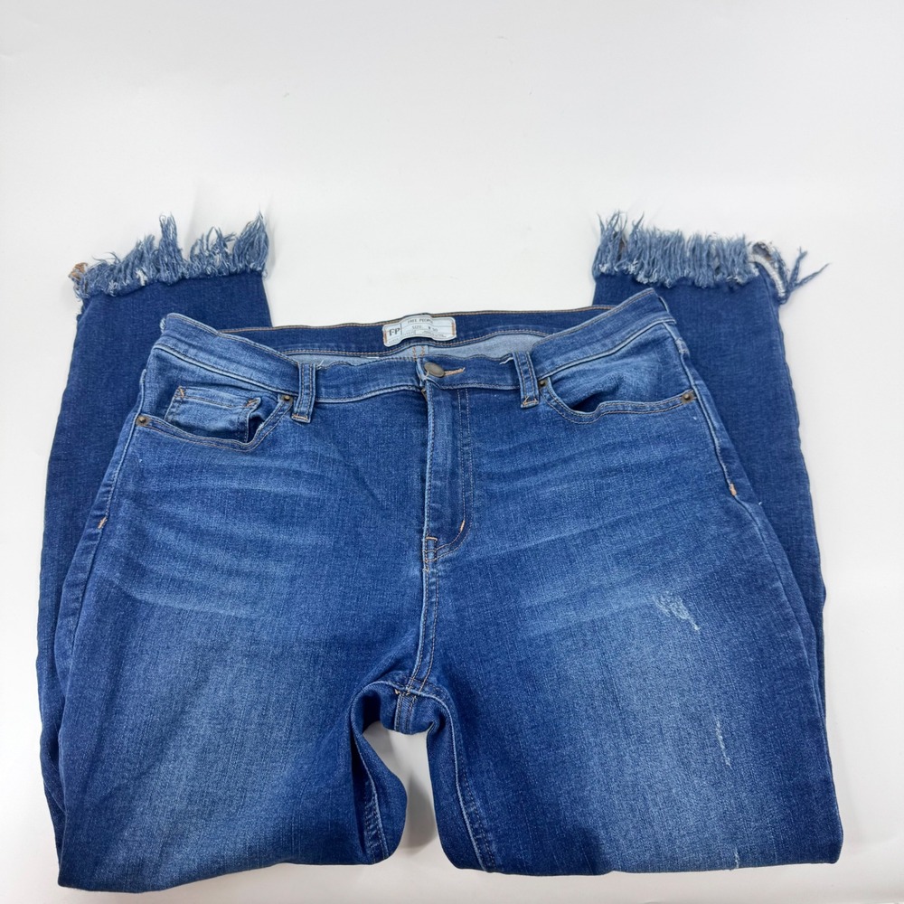 Free People Blue Frayed Fringe Hem Skinny Jeans Womens Size 30 Distressed Denim - Picture 6 of 12